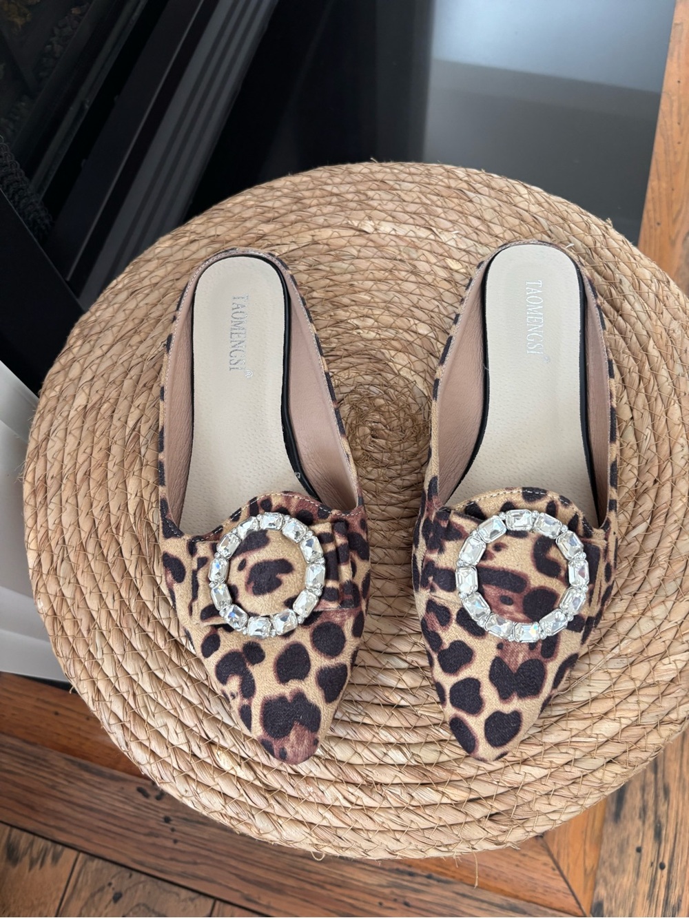 Leopard Print Pointed Backless Mules with Crystal Ring Accent